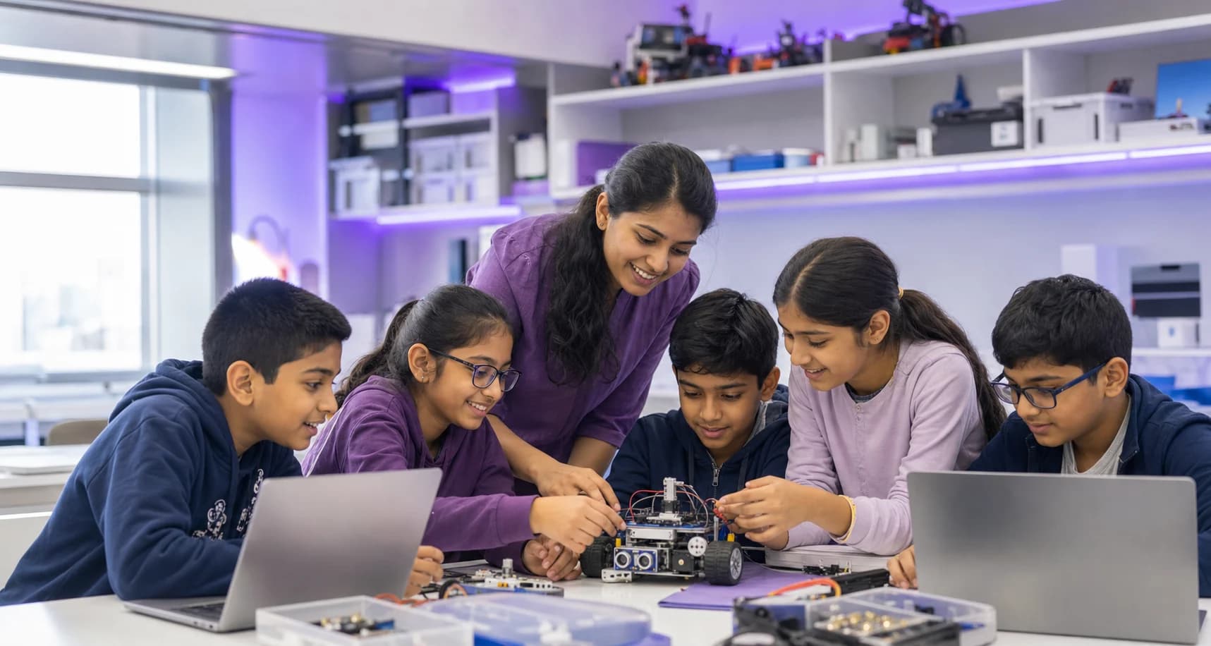 Indian students and a STEM mentor building a robot in a modern school lab