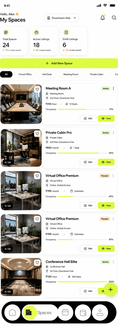 My Spaces & Listing Management Screen