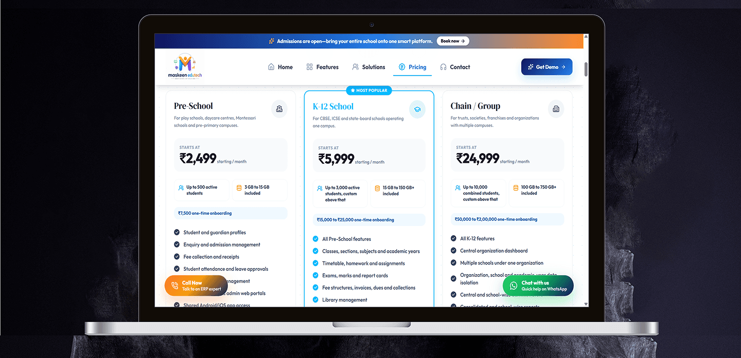 Maskeen Edutech Institutional Pricing & Modules